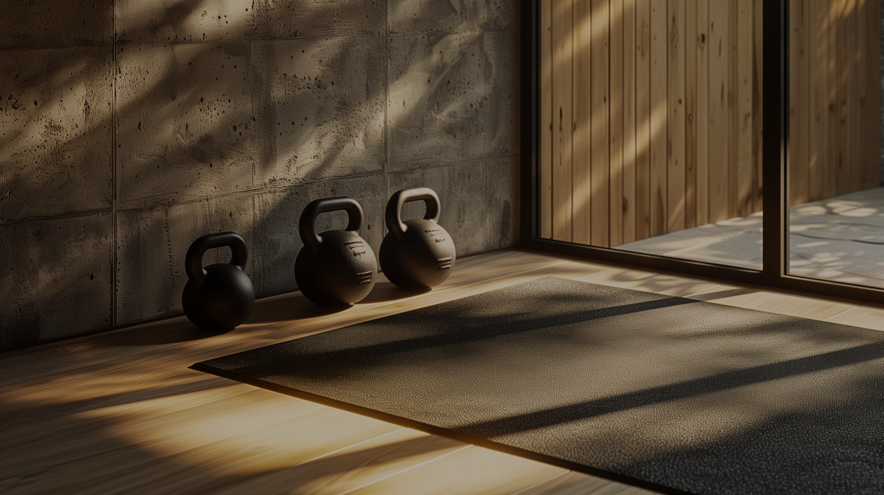 Gym with kettlebells and warm light